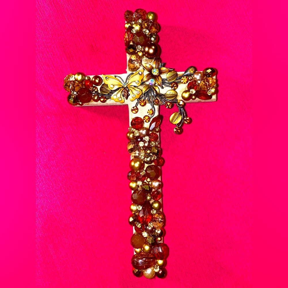 Artisanal Wood ✝️of Repurposed Jewelry with Rhinestones, Brown & gold colors